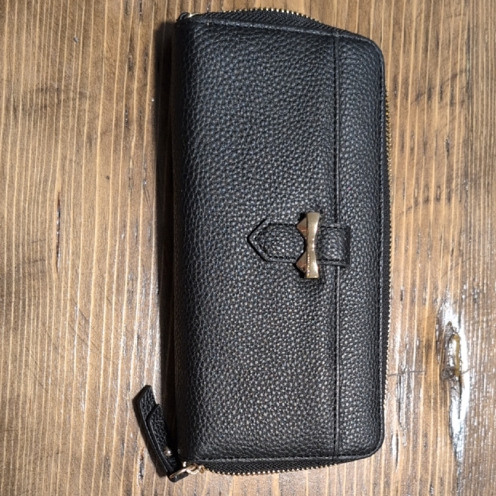 Anne Klein Black Pebbled Zip Around Wallet Gold Bow Accent